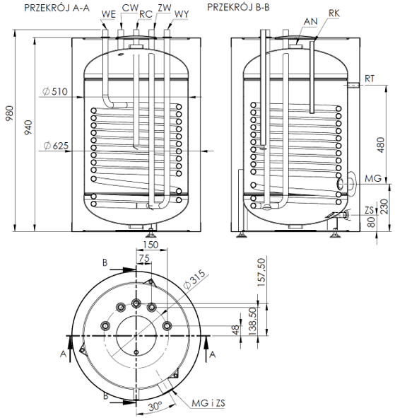 Warmwasserspeicher  Brauchwasserspeicher Unterstellsteicher  150Liter