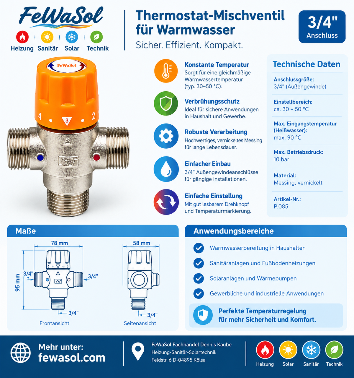 Solarmischer Brauchwassermischer Mischventil Thermomischer 3/4" 35-55°C