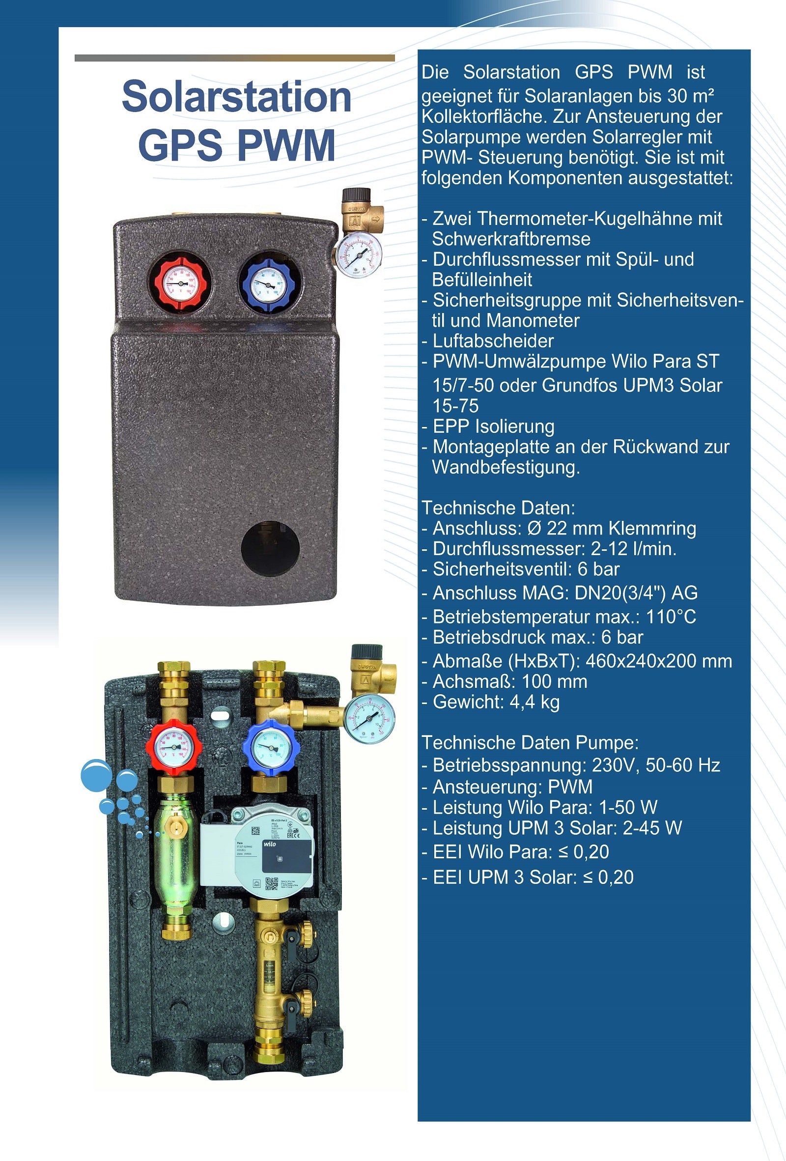 Solarstation Pumpengruppe Wilo GPS 70 PWM  Yonos Para ST15/7 2 Strang
