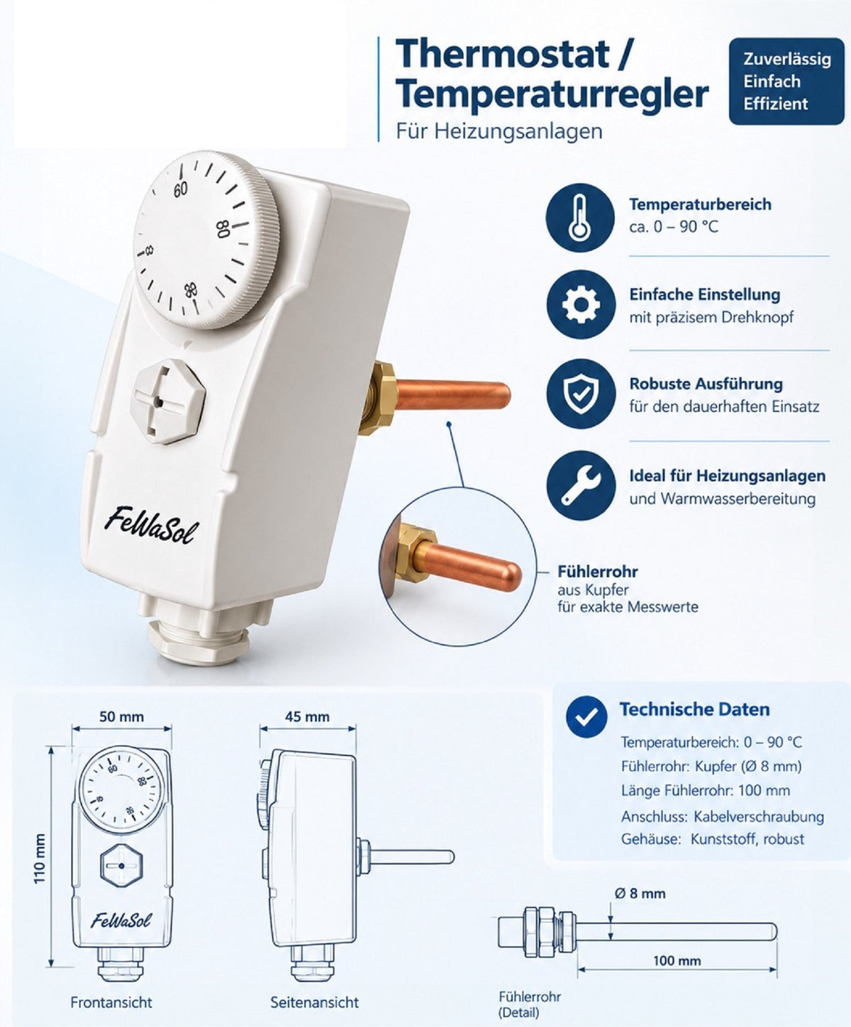 Tauchthermostat Temperaturregler Länge 100 mm Regler 0-90°C