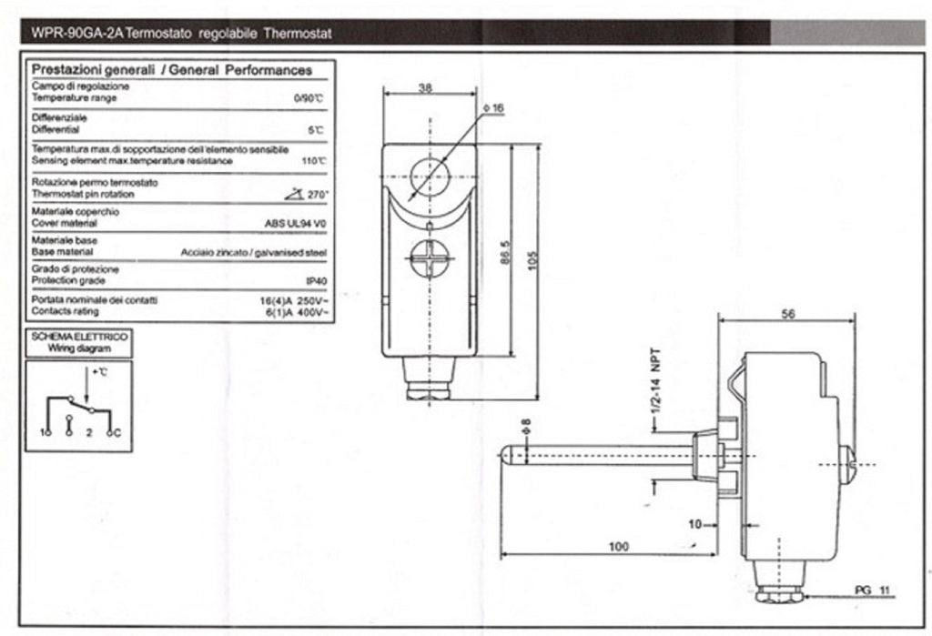 Tauchthermostat Temperaturregler Länge 100 mm Regler 0-90°C