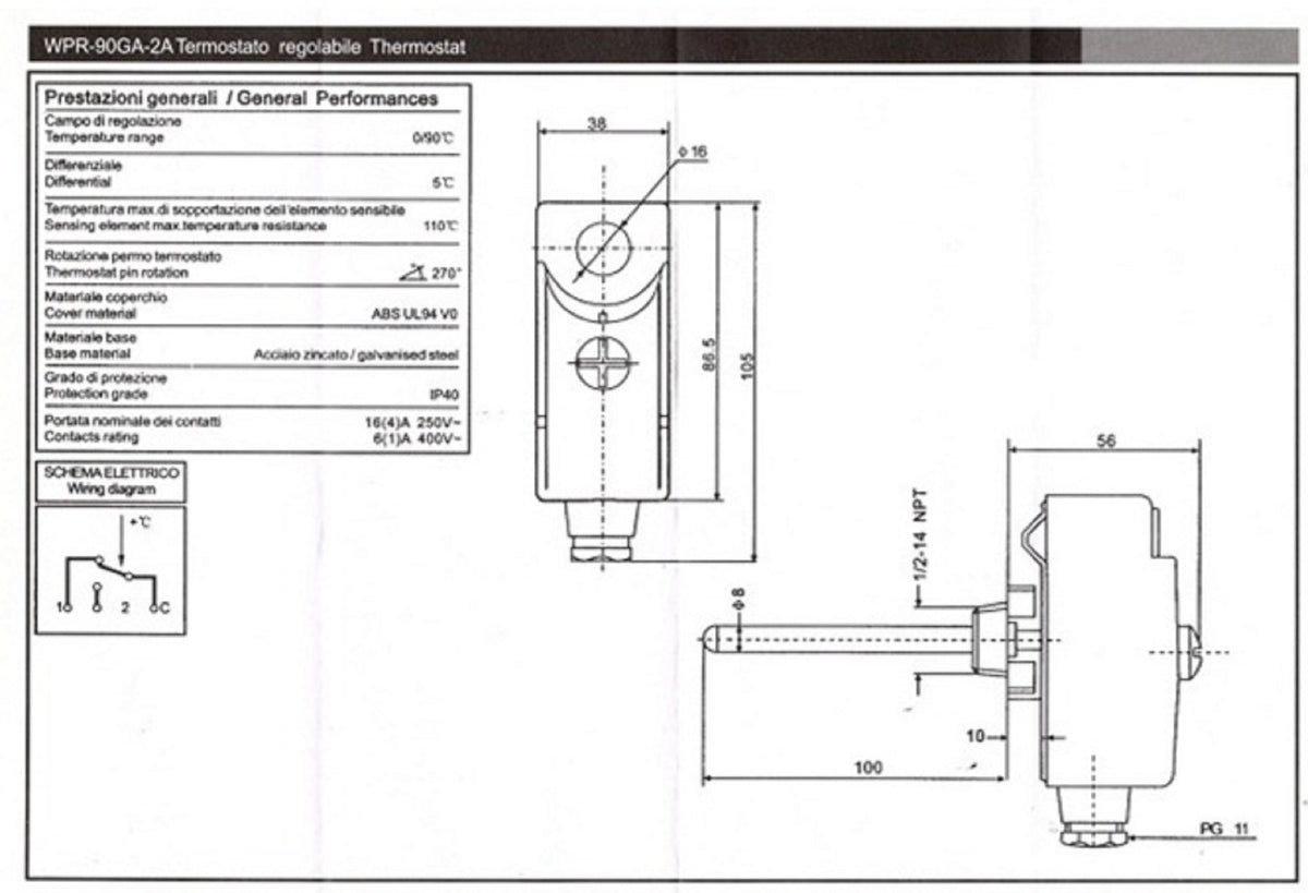 Tauchthermostat Temperaturregler Länge 100 mm Regler 0-90°C