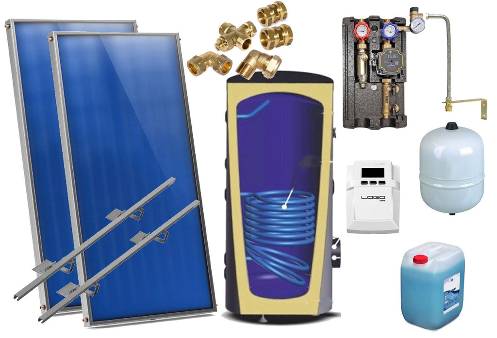 Solaranlage Flachkollektor Heizung-Warmwasser 2 Kollektoren und Speicher