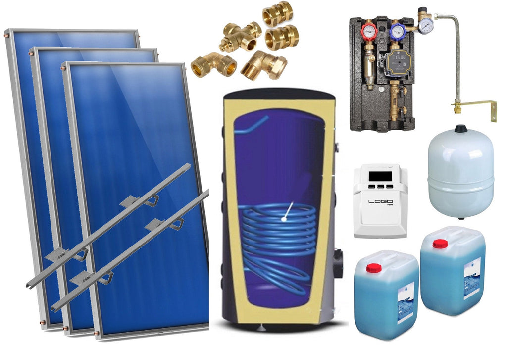 Solaranlage Flachkollektor Heizung-Warmwasser 3 Kollektoren und Speicher