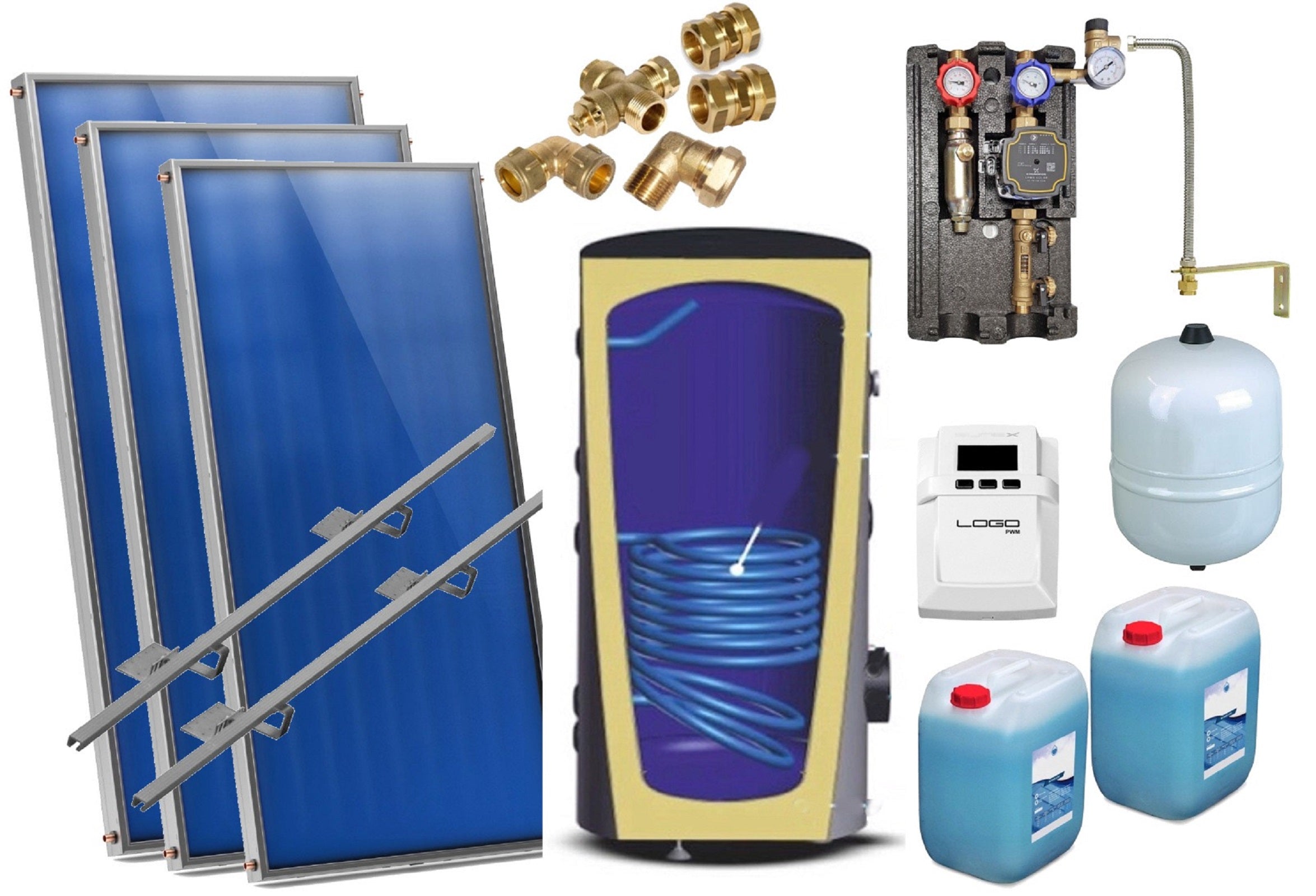 Solaranlage Flachkollektor Heizung-Warmwasser 3 Kollektoren und Speicher