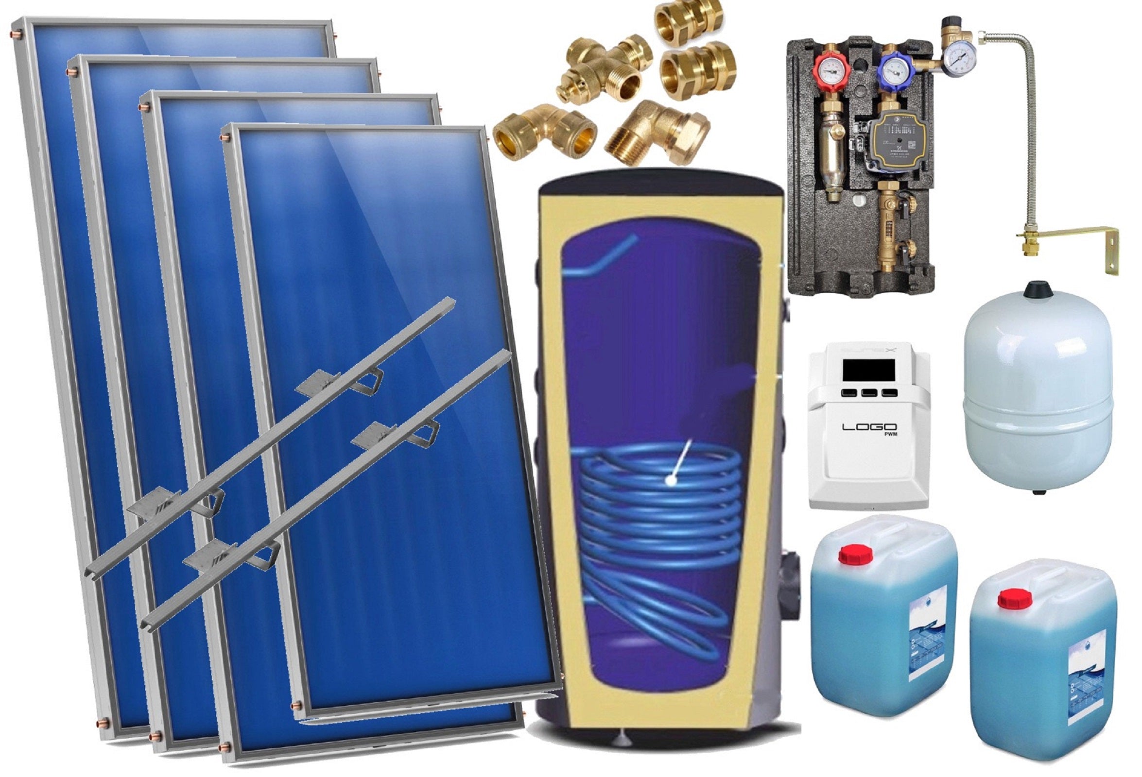 Solaranlage Flachkollektor Heizung-Warmwasser 4 Kollektoren und Speicher